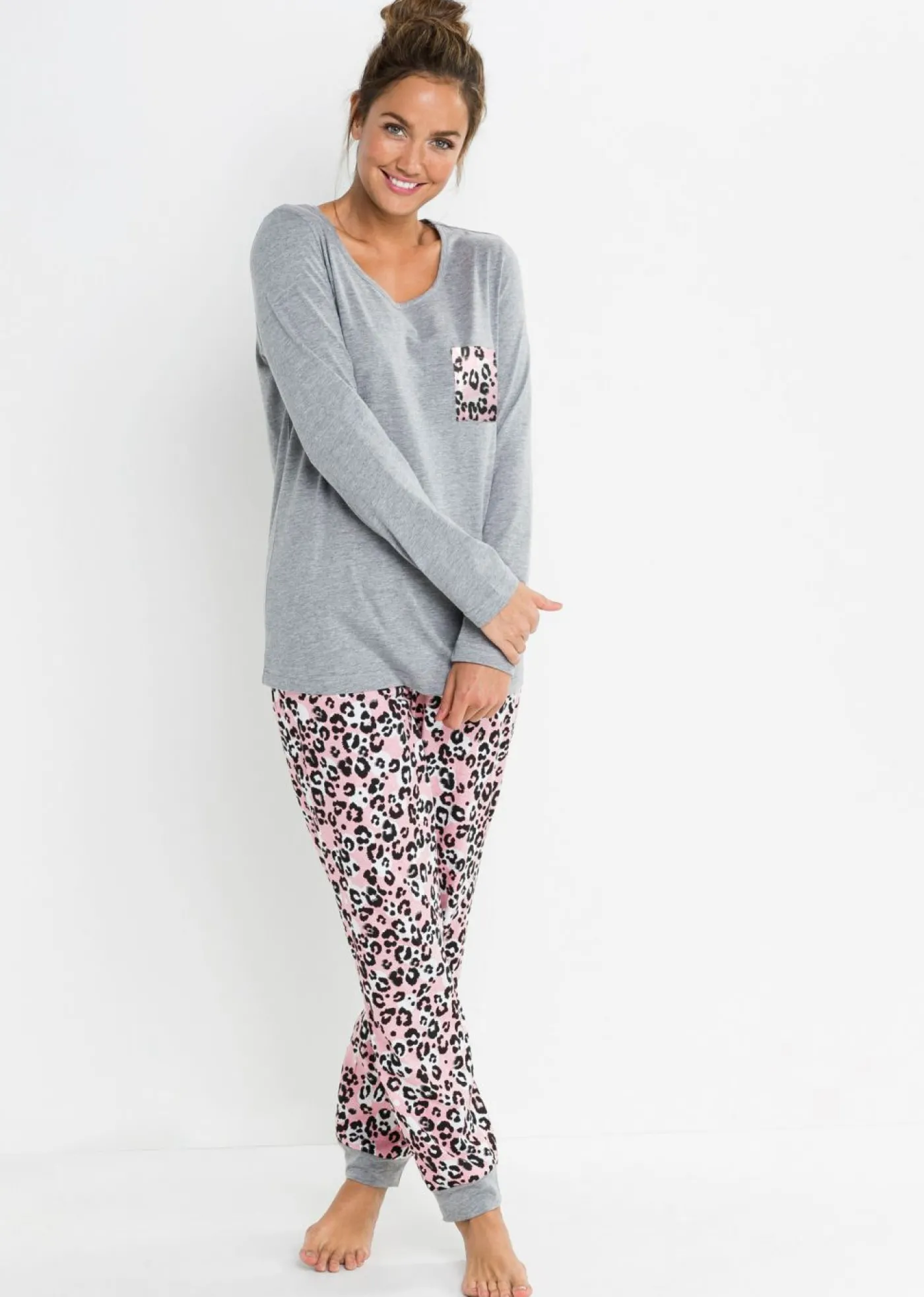bonprix bonprix Pijama de algodón orgánico Gris jaspeado con estampado rosa Clearance