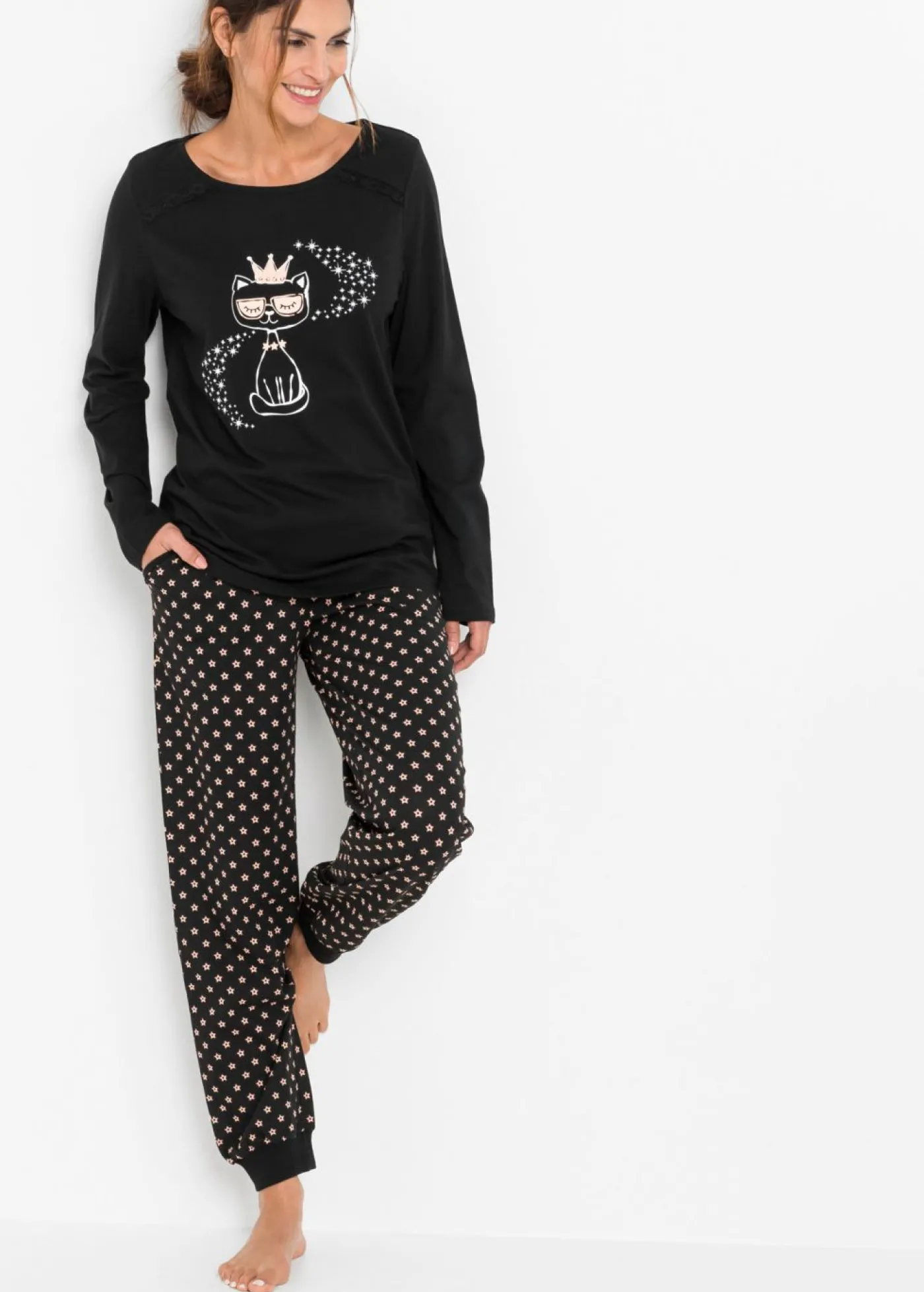 bonprix bonprix Pijama de algodón orgánico puro Negro estampado New