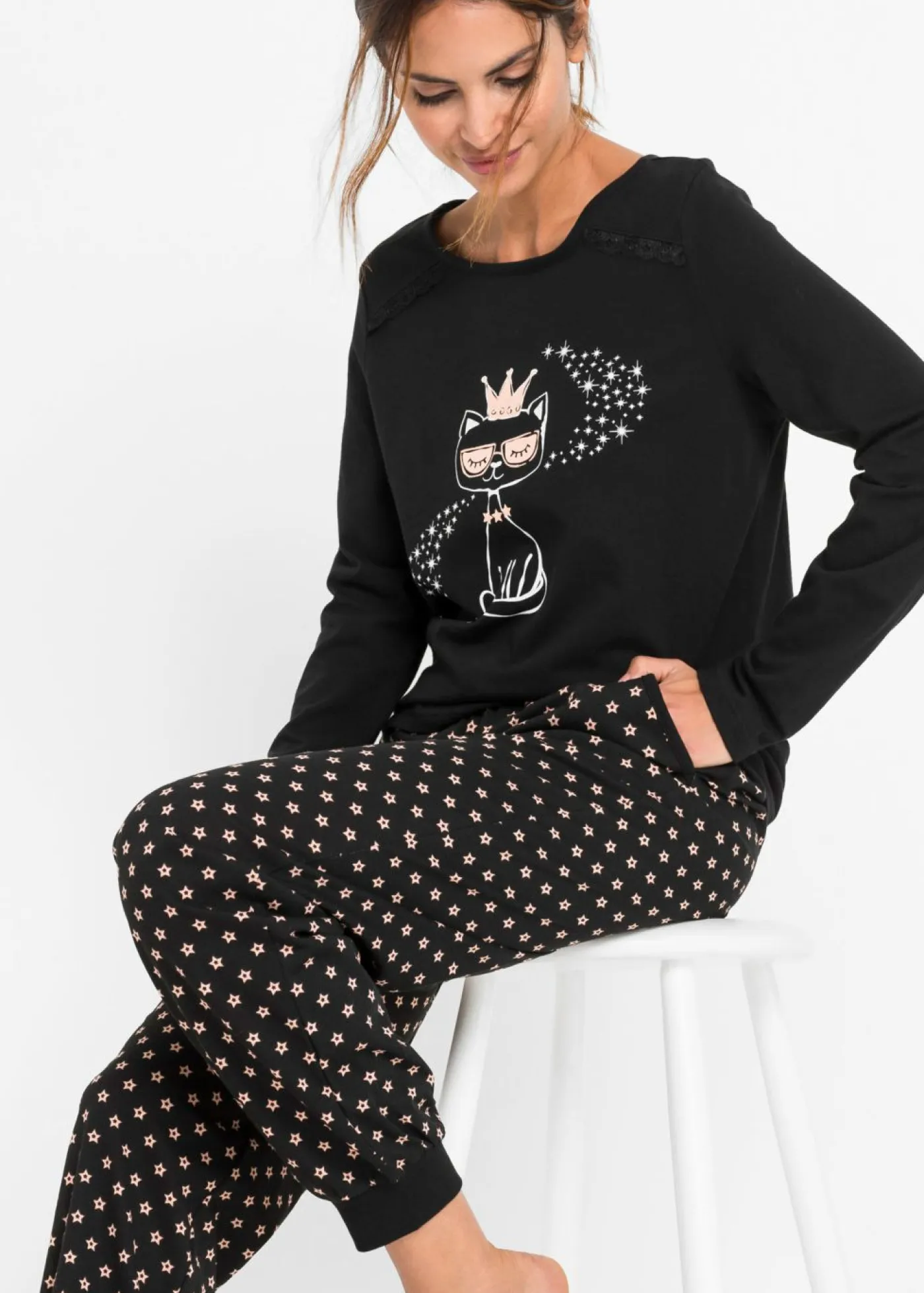 bonprix bonprix Pijama de algodón orgánico puro Negro estampado New