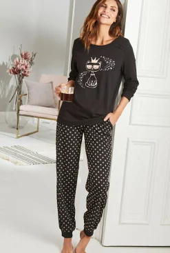 bonprix bonprix Pijama de algodón orgánico puro Negro estampado New