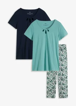 bonprix bonprix Pijama de algodón puro (3 piezas) azul marino + salvia ahumado Outlet