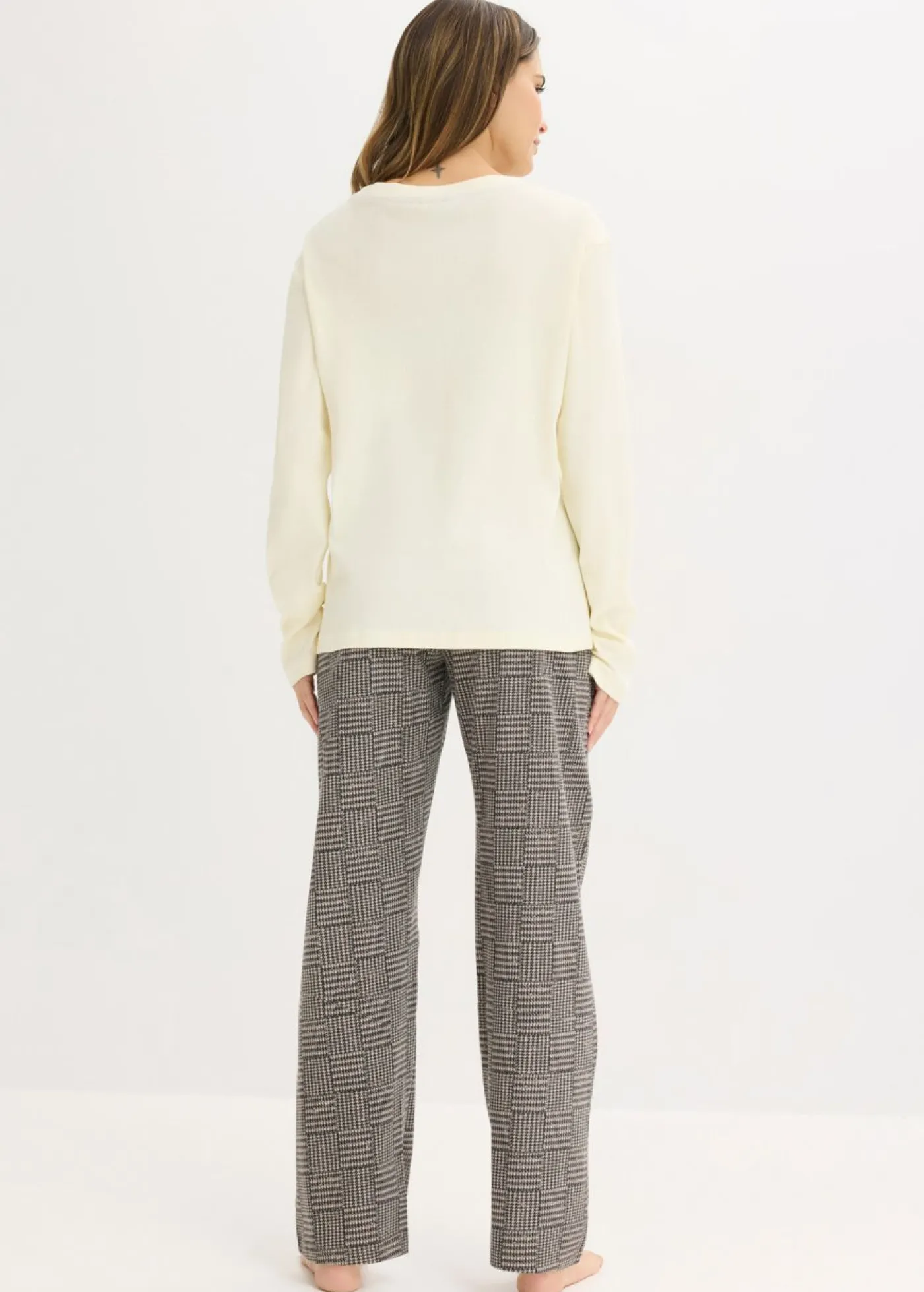 bonprix bonprix Pijama de algodón suave beige natural-negro a cuadros New