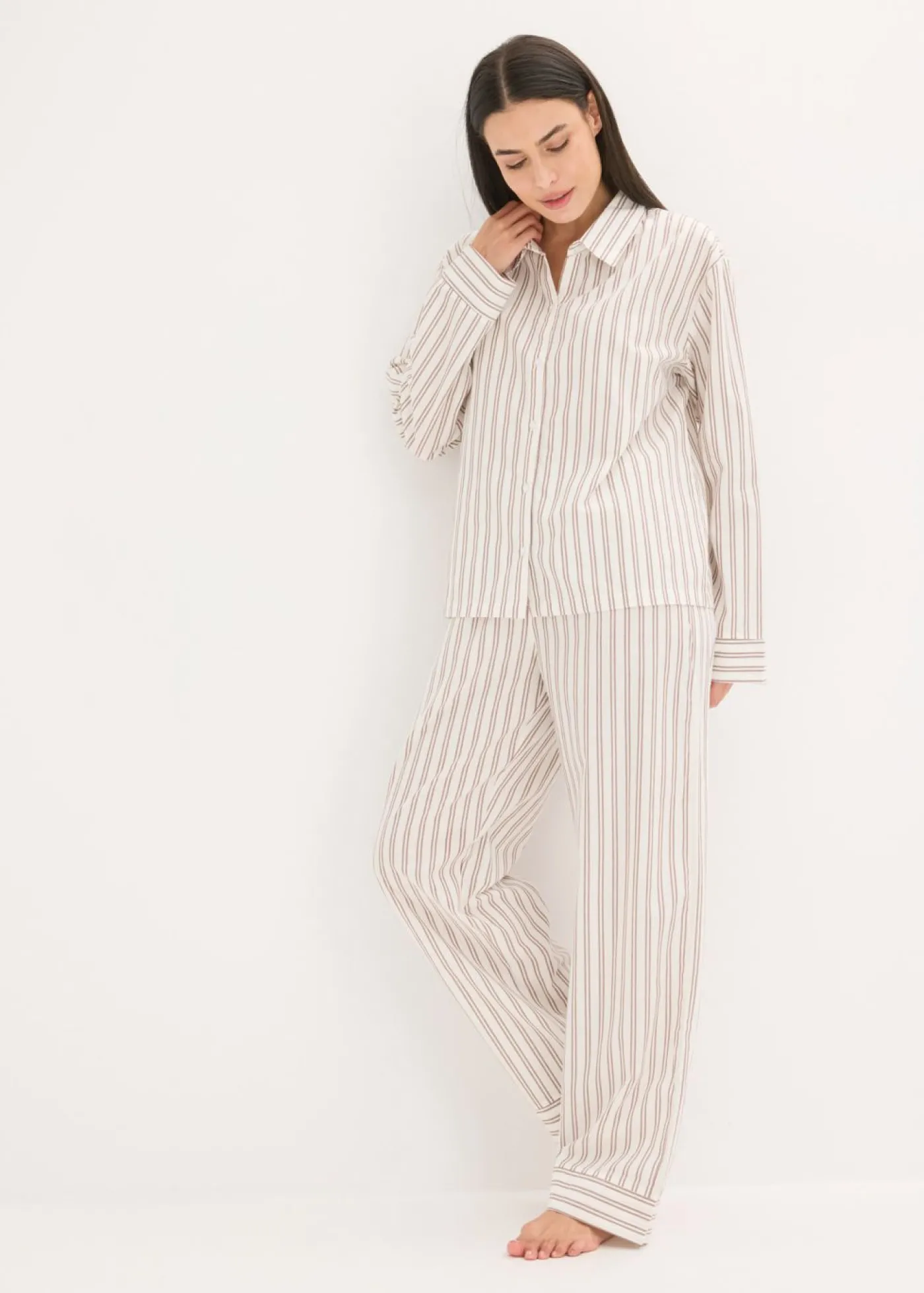 bonprix bonprix Pijama de algodón tejido con corte holgado blanco lana-marrón mate con rayas Outlet