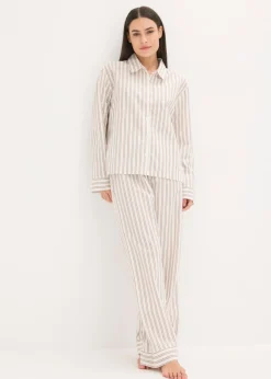bonprix bonprix Pijama de algodón tejido con corte holgado blanco lana-marrón mate con rayas Outlet
