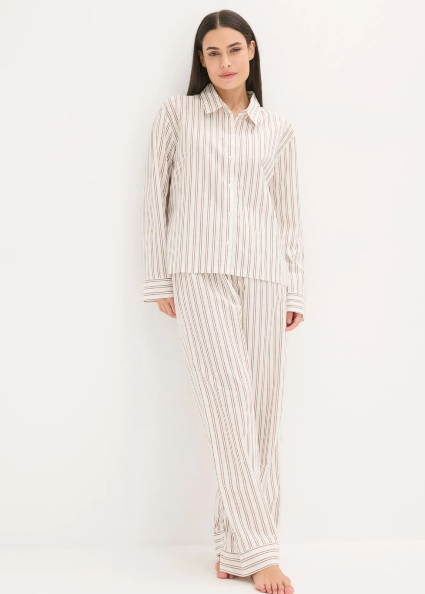 bonprix bonprix Pijama de algodón tejido con corte holgado blanco lana-marrón mate con rayas Outlet
