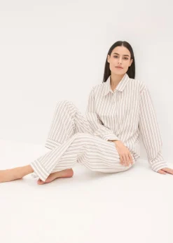 bonprix bonprix Pijama de algodón tejido con corte holgado blanco lana-marrón mate con rayas Outlet