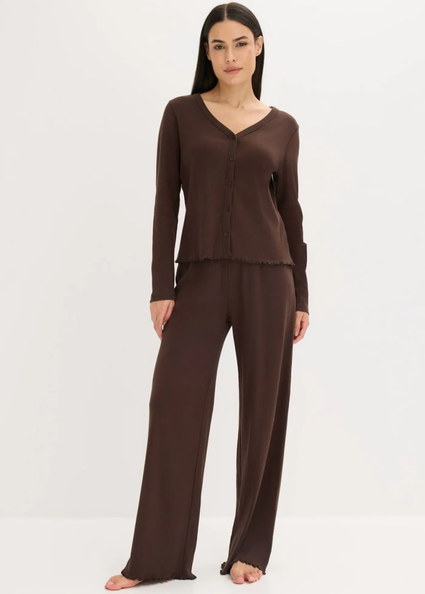 bonprix bonprix Pijama de canalé con botones Marrón oscuro Outlet
