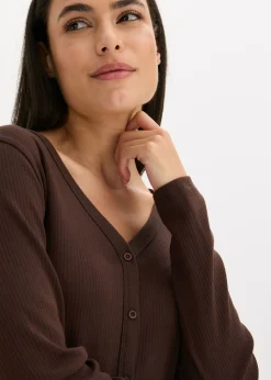 bonprix bonprix Pijama de canalé con botones Marrón oscuro Outlet