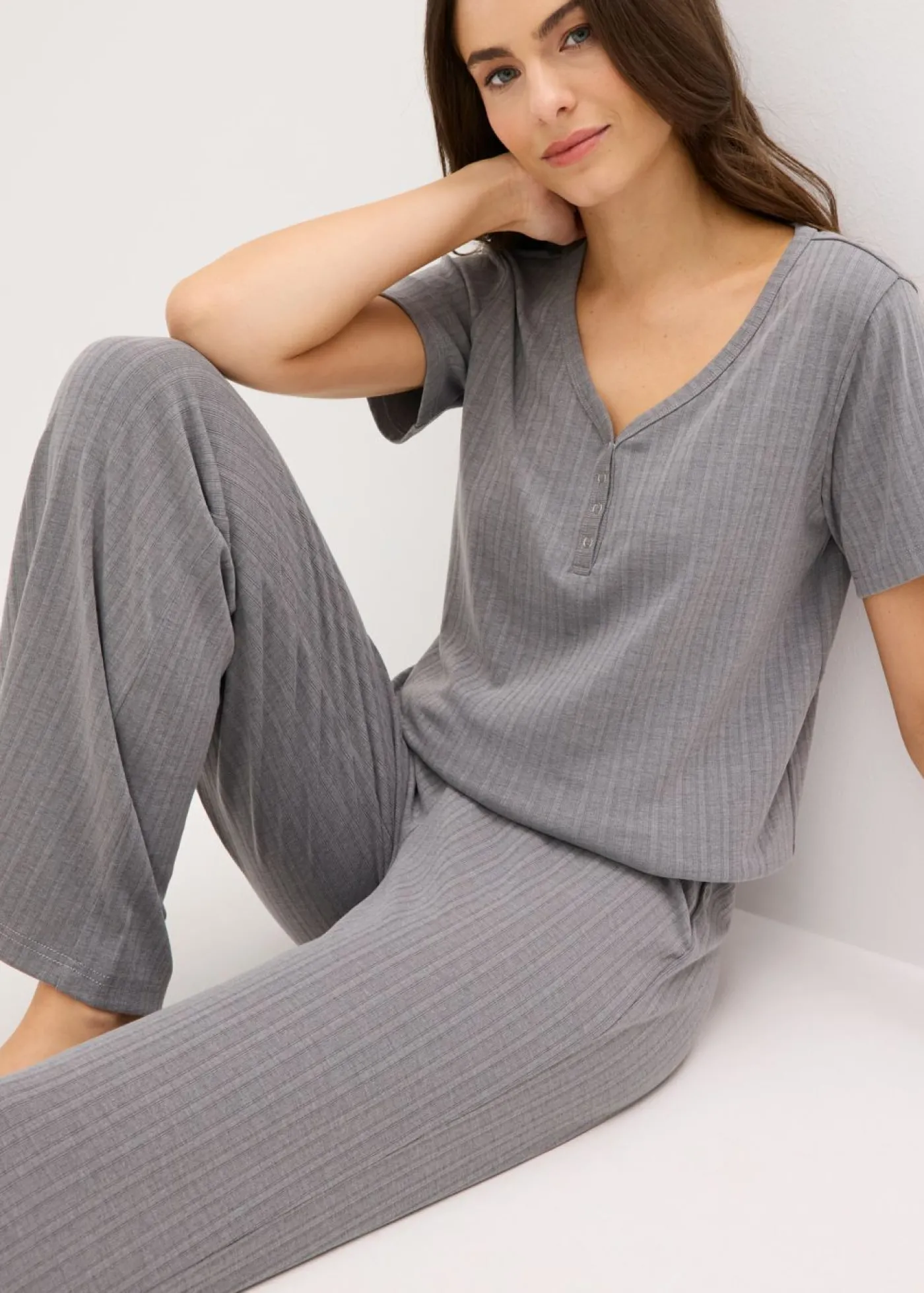 bonprix bonprix Pijama de canalé con viscosa gris moteado Sale