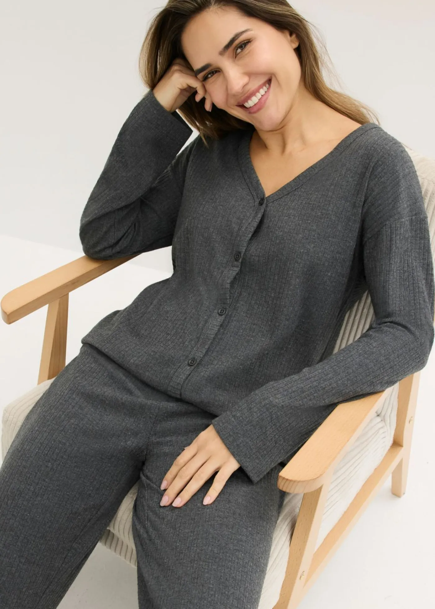 bonprix bonprix Pijama de canalé suave Antracita jaspeado Best
