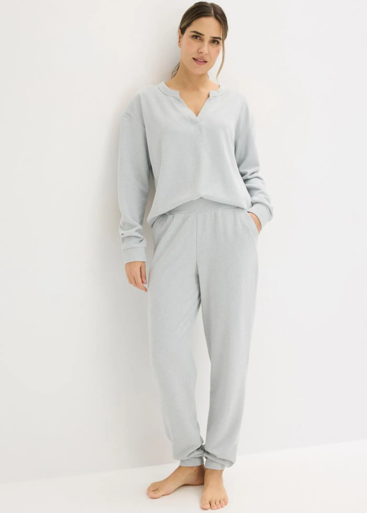 bonprix bonprix Pijama de suave punto gofrado gris claro jaspeado moteado Best