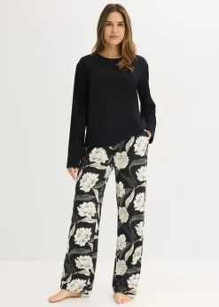 bonprix bonprix Pijama de viscosa con perneras anchas Negro con flores Discount