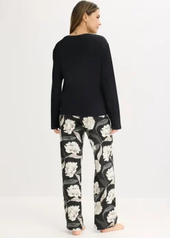 bonprix bonprix Pijama de viscosa con perneras anchas Negro con flores Discount