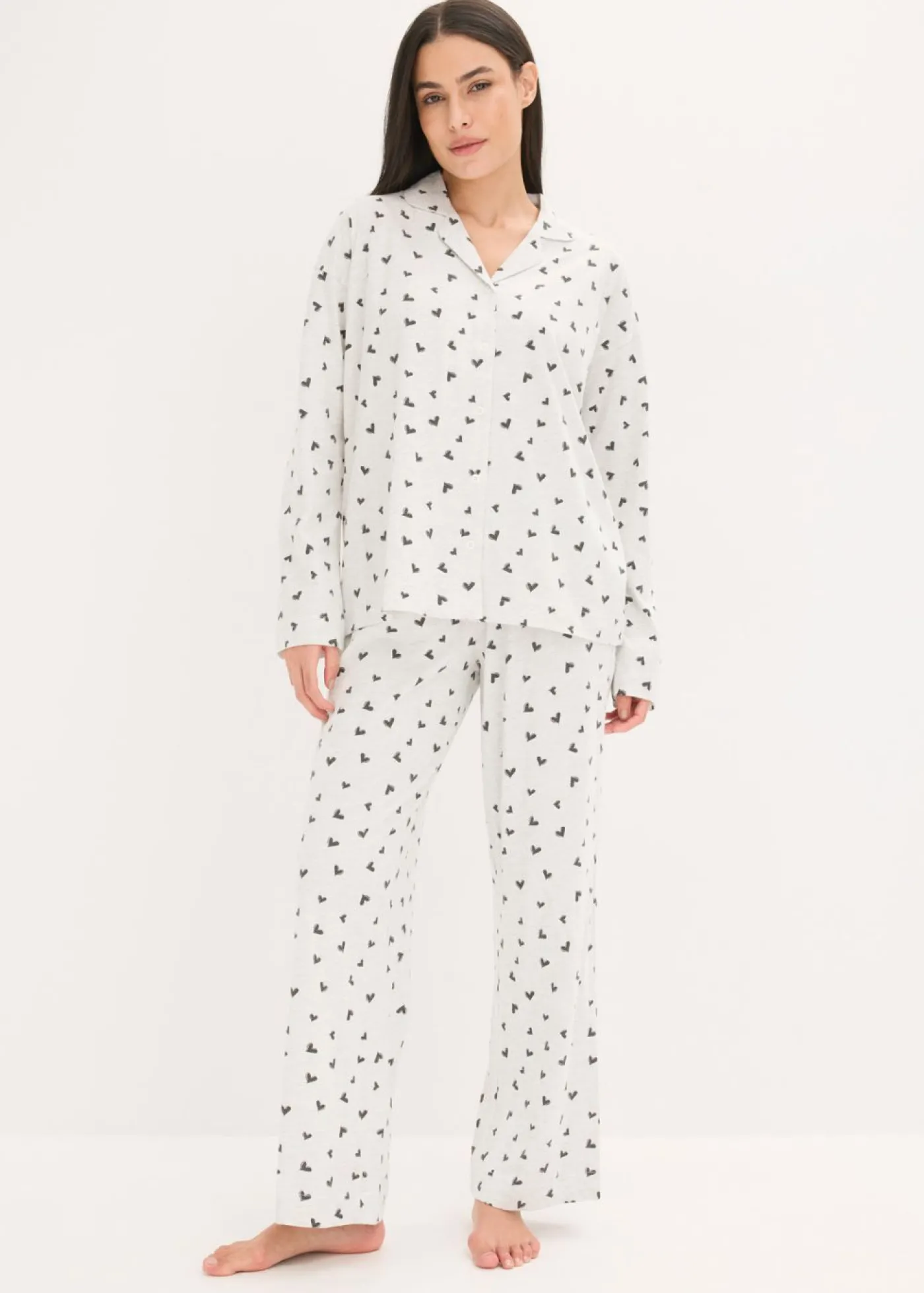 bonprix bonprix Pijama holgado con botones natural jaspeado-negro Sale