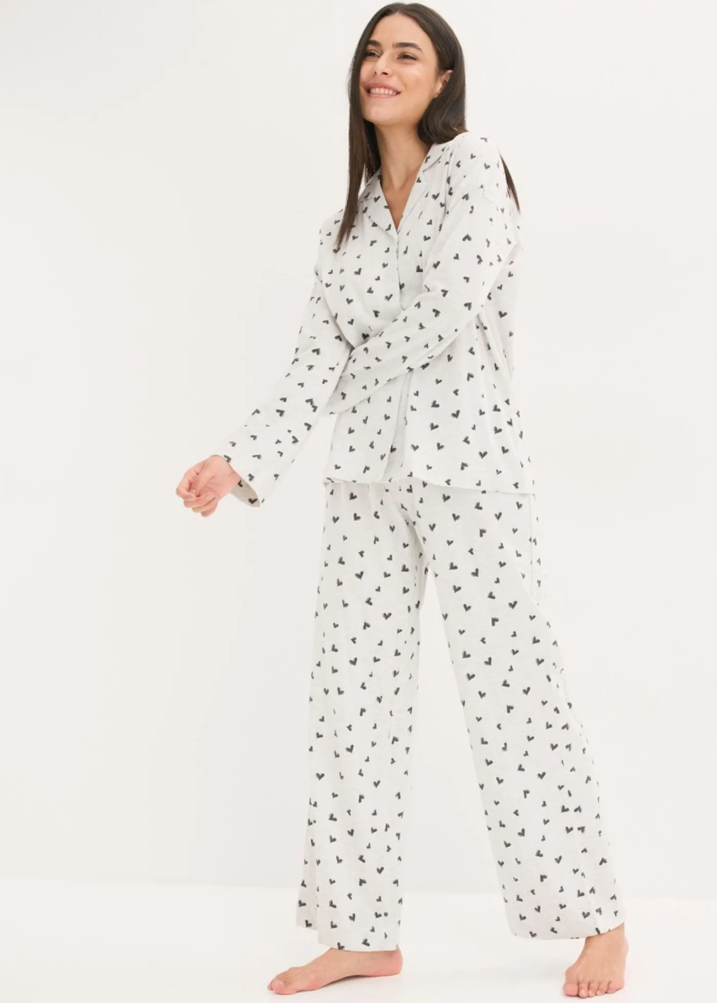 bonprix bonprix Pijama holgado con botones natural jaspeado-negro Sale