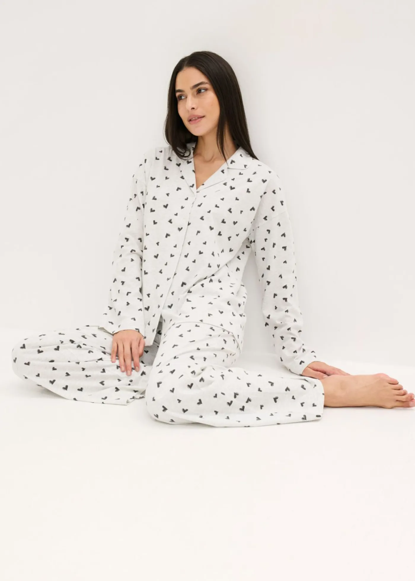 bonprix bonprix Pijama holgado con botones natural jaspeado-negro Sale
