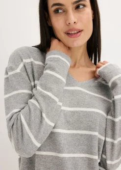 bonprix bonprix Pijama holgado de tejido suave gris jaspeado-natural jaspeado con rayas Discount