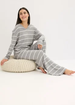 bonprix bonprix Pijama holgado de tejido suave gris jaspeado-natural jaspeado con rayas Discount