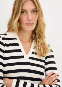 bonprix bonprix Polo de canalé con manga larga blanco lana-negro con rayas Sale