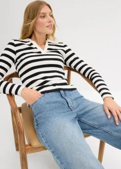 bonprix bonprix Polo de canalé con manga larga blanco lana-negro con rayas Sale