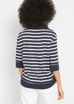 bonprix bonprix Polo de mezcla de algodón y viscosa azul marino-blanco con rayas