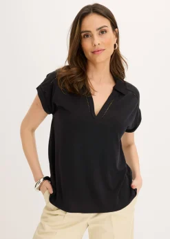 bonprix bonprix Polo de piqué de viscosa con inserto de encaje Negro Online
