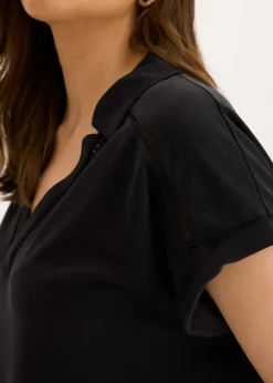 bonprix bonprix Polo de piqué de viscosa con inserto de encaje Negro Online