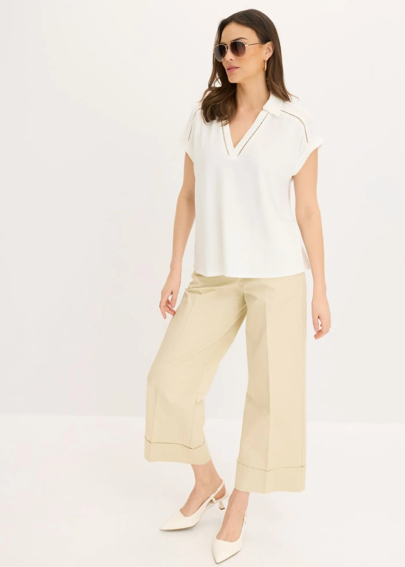 bonprix bonprix Polo de piqué de viscosa con inserto de encaje Blanco lana Online