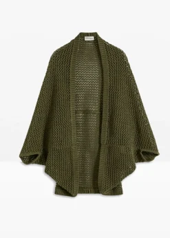 bonprix bonprix Poncho de punto de ajour con contenido de lino Verde oliva oscuro Outlet