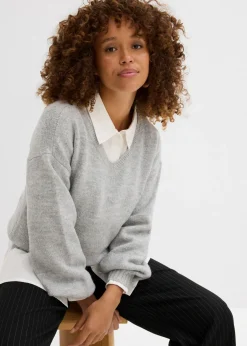 bonprix bonprix Suave jersey de punto fino con mangas abullonadas gris claro jaspeado moteado Discount
