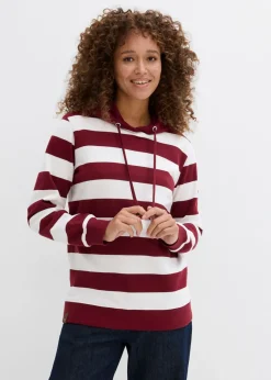 bonprix bonprix Sudadera con capucha de algodón puro Rojo rubí/blanco lana de rayas Discount