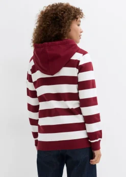 bonprix bonprix Sudadera con capucha de algodón puro Rojo rubí/blanco lana de rayas Discount