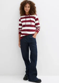 bonprix bonprix Sudadera con capucha de algodón puro Rojo rubí/blanco lana de rayas Discount