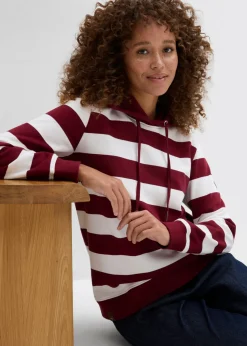bonprix bonprix Sudadera con capucha de algodón puro Rojo rubí/blanco lana de rayas Discount