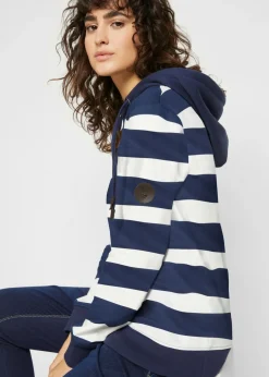bonprix bonprix Sudadera con capucha de algodón puro azul marino-crema suave con rayas New