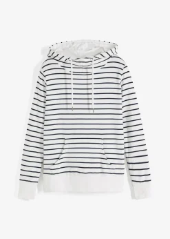 bonprix bonprix Sudadera con capucha de mezcla de algodón blanco-azul marino a rayas Sale