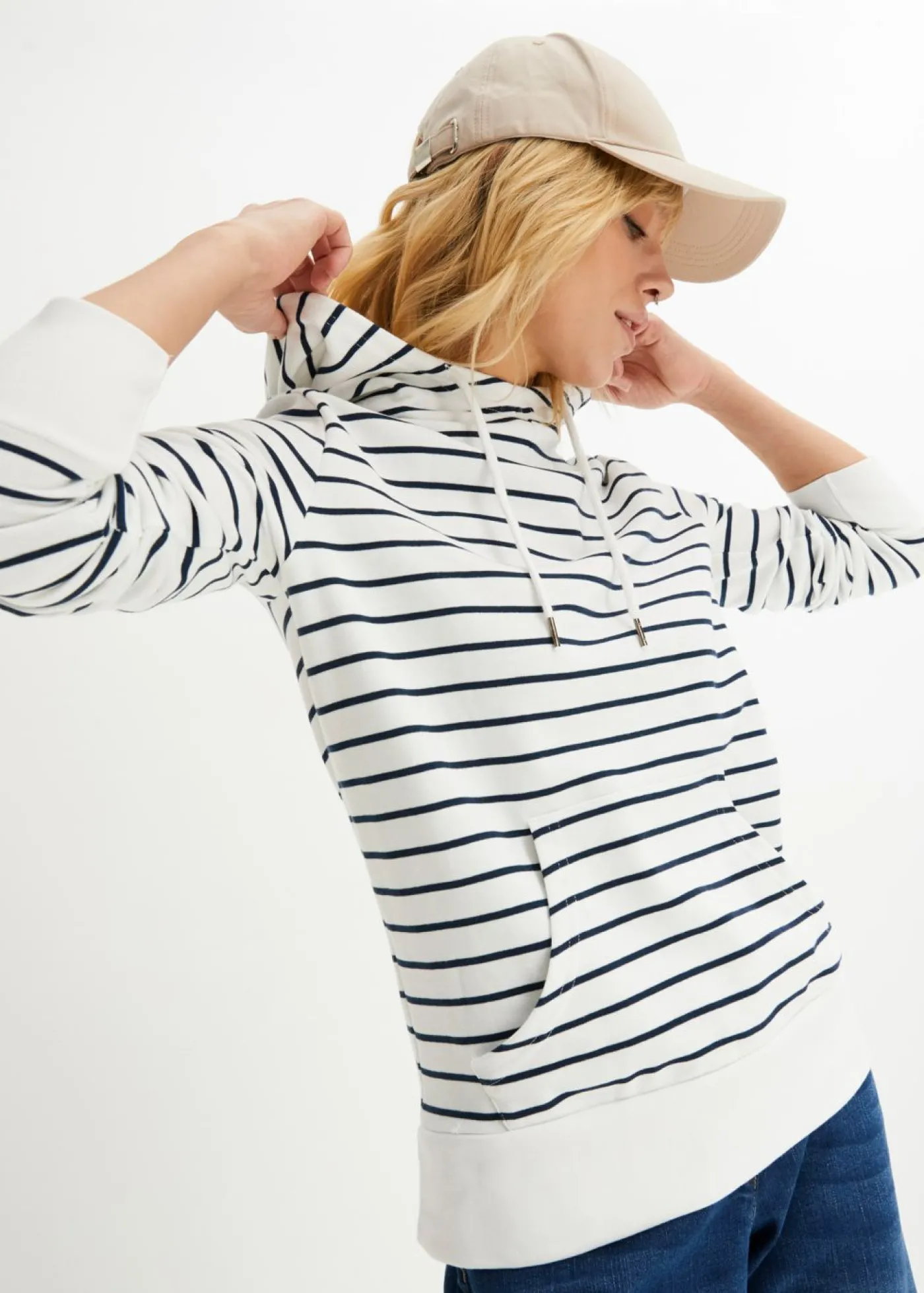 bonprix bonprix Sudadera con capucha de mezcla de algodón blanco-azul marino a rayas Sale