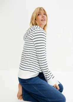 bonprix bonprix Sudadera con capucha de mezcla de algodón blanco-azul marino a rayas Sale