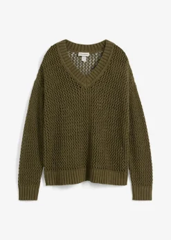 bonprix bonprix Sudadera de ajour de mezcla de lino ligero Verde oliva oscuro Clearance