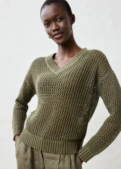 bonprix bonprix Sudadera de ajour de mezcla de lino ligero Verde oliva oscuro Clearance
