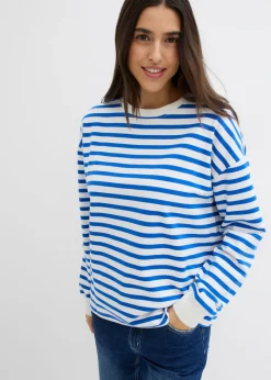 bonprix bonprix Sudadera de algodón orgánico con manga larga y diseño de rayas beige-azul ártico con rayas Online