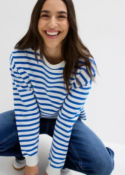 bonprix bonprix Sudadera de algodón orgánico con manga larga y diseño de rayas beige-azul ártico con rayas Online
