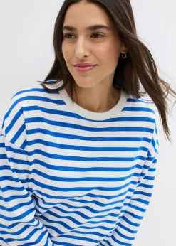 bonprix bonprix Sudadera de algodón orgánico con manga larga y diseño de rayas beige-azul ártico con rayas Online