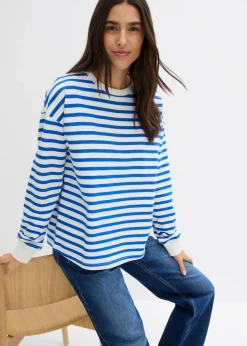 bonprix bonprix Sudadera de algodón orgánico con manga larga y diseño de rayas beige-azul ártico con rayas Online