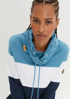 bonprix bonprix Sudadera de algodón puro con cuello estampado azul mate-blanco-azul marino Best