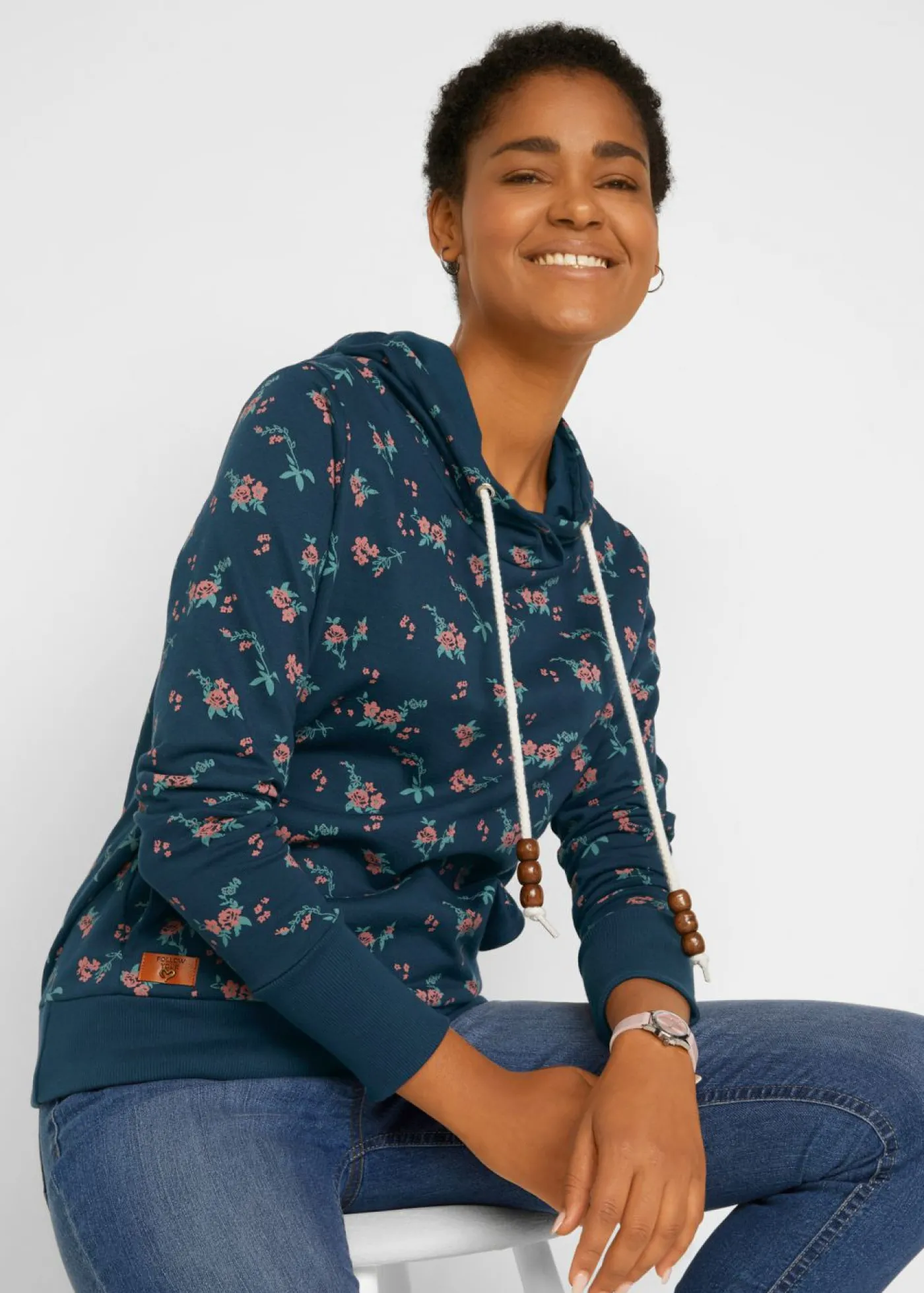 bonprix bonprix Sudadera de algodón puro con capucha y cordones Azul oscuro Discount