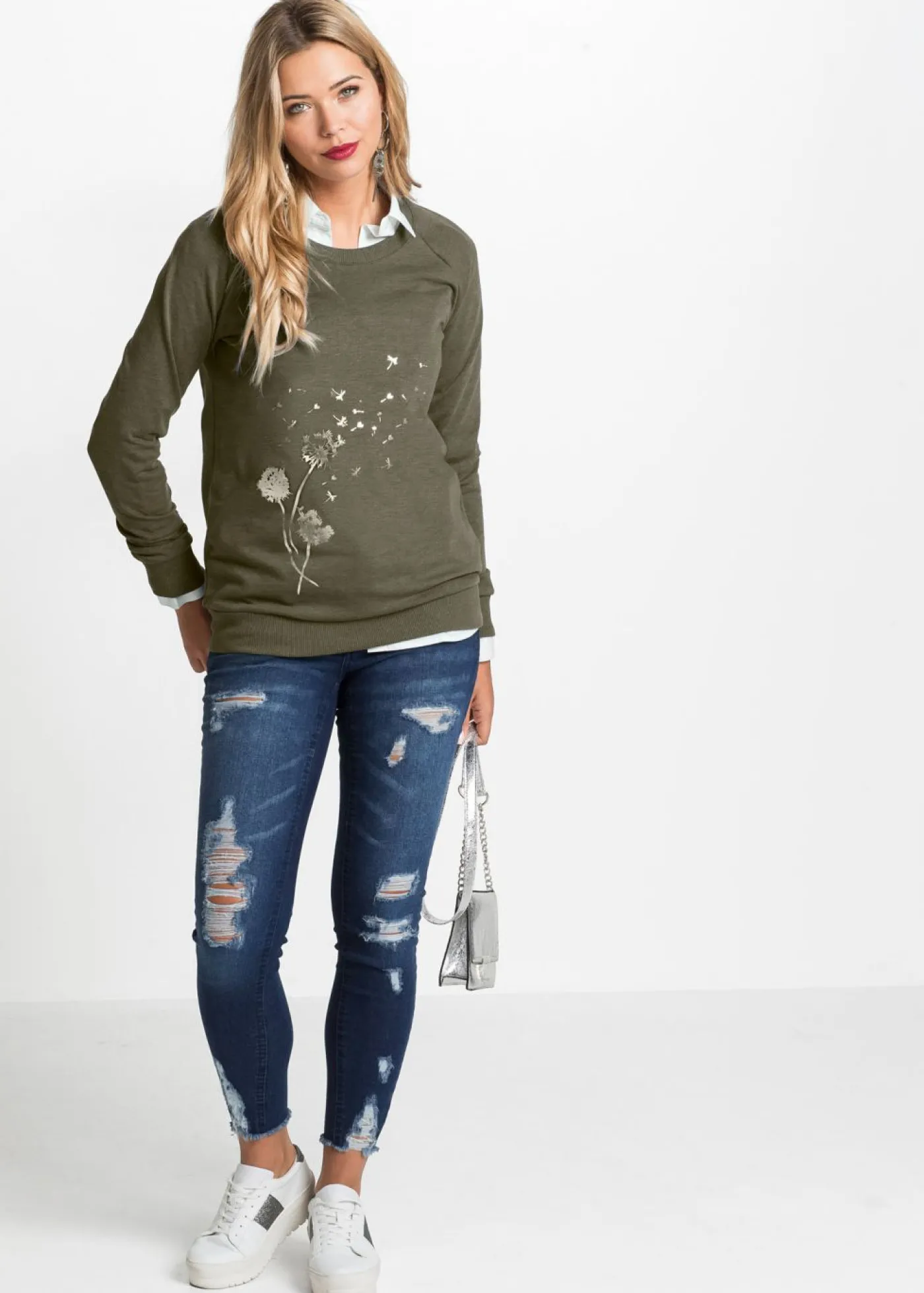 bonprix bonprix Sudadera de mezcla de algodón Verde oliva oscuro estampado Best