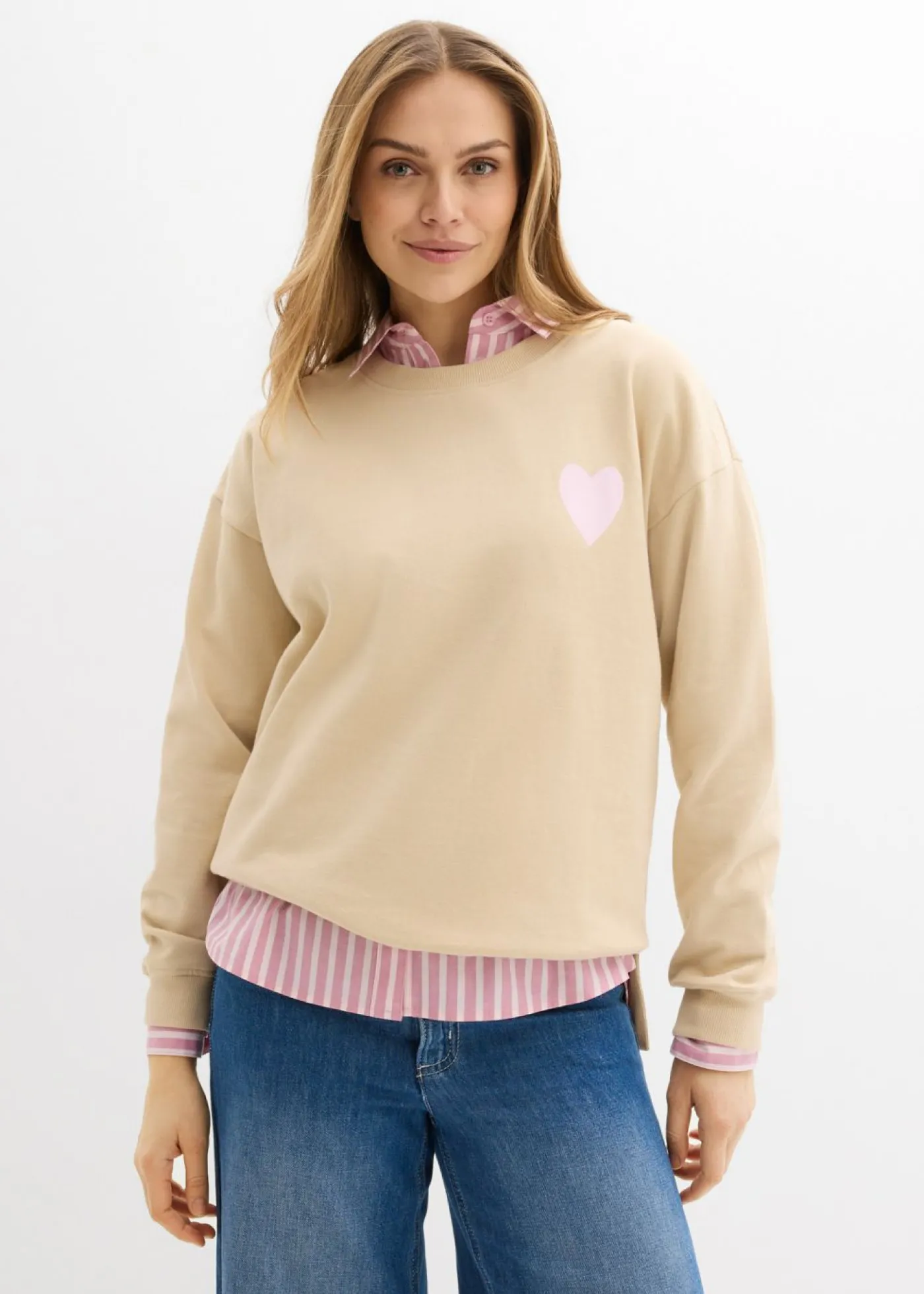 bonprix bonprix Sudadera holgada de algodón orgánico Arena claro/rosa cristal estampado Online
