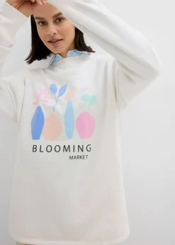 bonprix bonprix Sudadera holgada en mezcla de algodón Blanco lana estampado Outlet