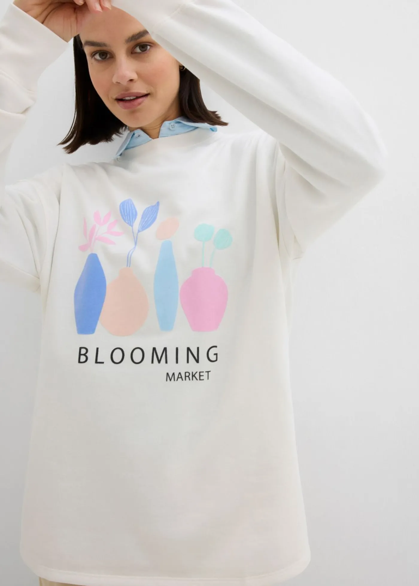 bonprix bonprix Sudadera holgada en mezcla de algodón Blanco lana estampado Outlet